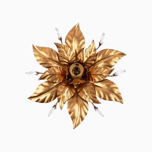 Goldene Florentiner Deckenlampe mit Kristallen, 1960er