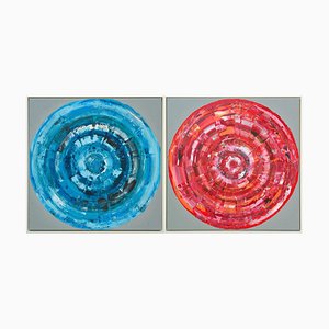 Bernhard Lang, Blue and Red Circles on Gray, Paintings on Canvas, Framed, Set of 2