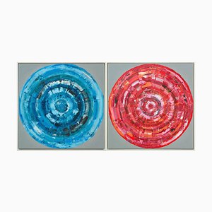 Bernhard Lang, Blue and Red Circles on Gray, Paintings on Canvas, Framed, Set of 2