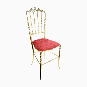 Silla estilo Chiavari italiana vintage de latón pulido de terciopelo rojo