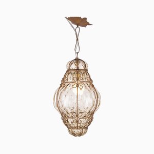 Lámpara colgante de cristal de Murano enjaulado en beige de Seguso, años 60
