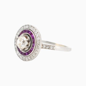 1930 Antique French Art Deco Engagement Ring, Platinum, Diamonds, and Ruby Halo