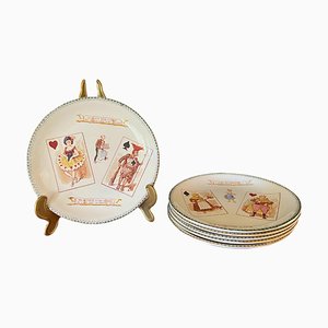 19th Century Set of 6 French Majolica Choisy-Le-Roi Plates, Humour Playing Cards