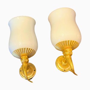 French Gilt Bronze Sconces with Ruffled Opaline Glass Shades from Maison Lancel, 1950s, Set of 2