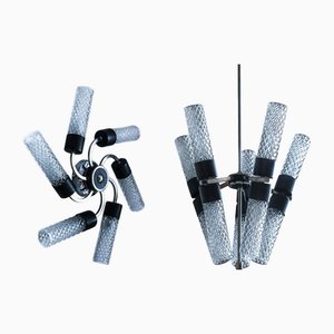 Italienischer Wand- & Kronleuchter mit 10/6 Konen aus klarem Strukturglas im Stilnovo-Stil, 1960er, 2er Set