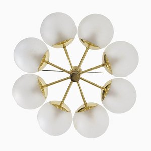 Lustre à Suspension Kaiser en Laiton Radial 8 Globes en Verre Satiné, Allemagne, 1970s