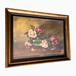Pisa Pardesi, Large Antique Roses Oil on Canvas Painting, Circa 1900