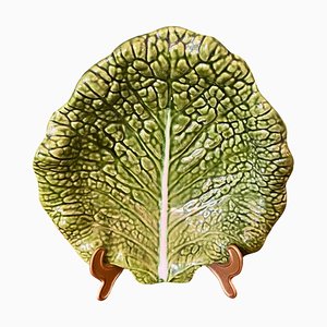 Grand Bol Feuille de Chou Vert en Céramique Vernie et Majolique, Circa 1960