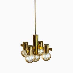 1970s Hans Agne Jakobsson Attributed Brass and Amber Glass Globe Chandelier