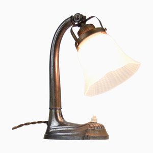 Vintage French Art Nouveau Cast Iron & Glass Desk Lamp