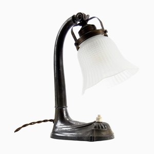 Vintage French Art Nouveau Cast Iron & Glass Desk Lamp