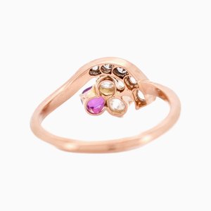 Belle Époque Trilogy Clover Ring with 18-Carat Gold, Natural Diamonds and Rubies, France, 1900