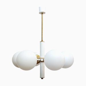 Lampadario Space Age Sputnik con sei sfere lattee, Ex Jugoslavia, anni '70