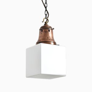 Lampade a sospensione cubica in vetro opalino di Holophane, anni '40, set di 2