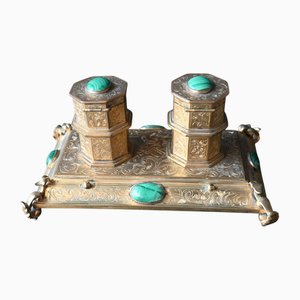 Encrier Antique en Bronze Doré et Malachite, 19ème Siècle