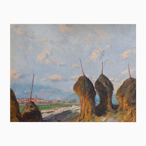 Ramon Trulls Pons, Paesaggio di pagliaio impressionista, Olio su tela