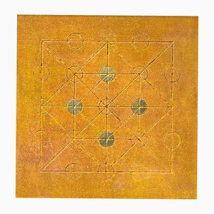 Aryana Gyselinck, La sacra geometria del cancro, acrilico e foglia d'oro su legno inciso, 2025