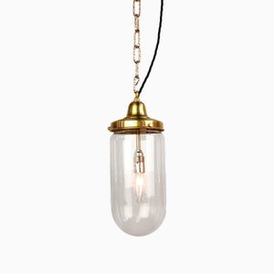New Old Stock Clear Dome Pendant Lamp with Brass Gallery