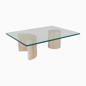 Petite Table Basse en Travertin et Verre, 1970s