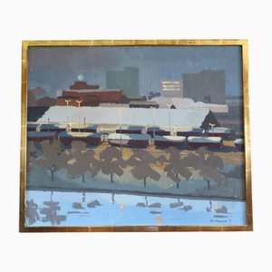The Rail Yards at Dusk, pintura al óleo, enmarcado