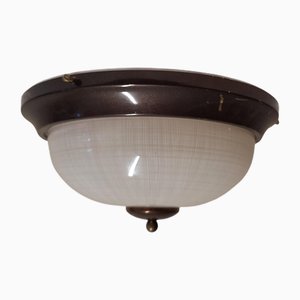 Flat Vintage Ceiling Lamp with White Patterned Glass Shade on Patinated Brass Mount, 1970s