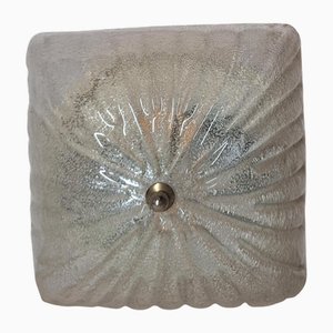 Flat Italian Vintage Ceiling Lamp with Square Ice Glass Shade on Metal Mount, 1980s