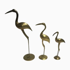 Large Vintage Brass Crane Birds, 1970s, Set of 3
