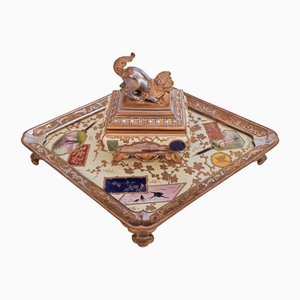 Japanese Meiji Inkwell in Gilded Bronze and Hand-Glazed Ceramic
