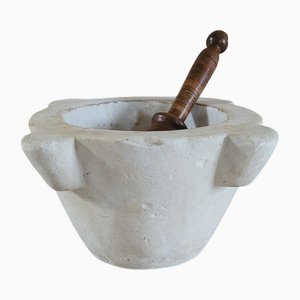Mortaio antico in marmo con pestello in legno, Italia, XIX secolo, set di 2
