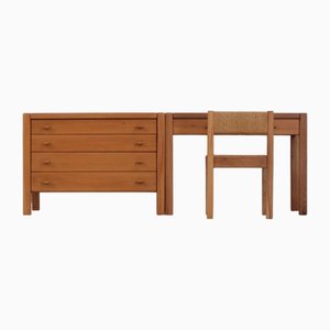 Desk, Chest of Drawers and Straw Chair Set in Oiled Elm Wood by André Ratier for Regain, 1980s, Set of 3