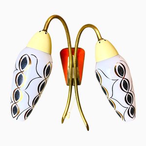 Mid-Century Modern Brass Opaline Glass Double Shaded Wall Sconce Light with Pulling Cord, 1950s