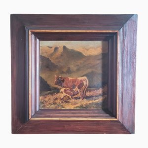 G. Savazzini, Mucca con vitello, inizio XX secolo, Dipinto ad olio, In cornice
