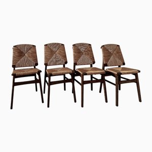 Vintage Wooden Chairs with Wicker Seat, Set of 4