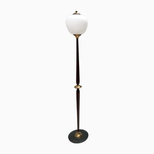 Vintage Opaline Glass and Brass Floor Lamp with Marble Base, 1950s