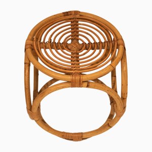 Midcentury Modern Rattan and Wicker Round Pouf Stool, Spain, 1970s