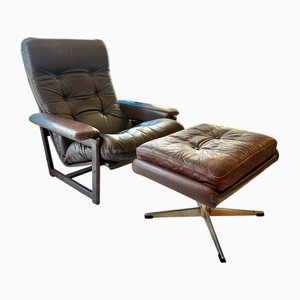 Leather Lounge Chair with Pouf by Lennart Bender for Ulferts, 1960, Set of 2