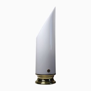Lampada da tavolo vintage in tubo di vetro acrilico opalescente con supporto in metallo dorato