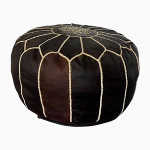 Pouf Mid-Century in pelle marrone ricamato
