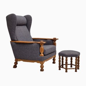 Set of Highback Danish Armchair with Ottoman in Furniture Wool Fabric & Oak Wood, 1970s