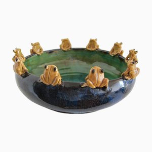 Handcrafted Glazed Ceramic Centerpiece with 10 Frogs, Italy, 1950s