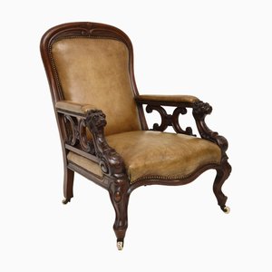 Fauteuil Victorien Antique en Cuir Sculpté, 1850