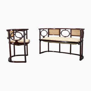 Sofá y butaca Fledermaus modernistas atribuidos a Josef Hoffmann para Fischel, década de 1890. Juego de 2