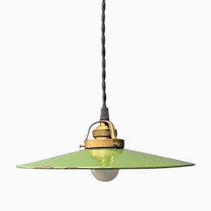 Lampe à Suspension en Émail Vert avec Fixation en Laiton