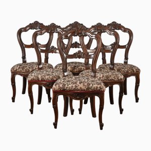 Sedie in legno di noce intagliato e damascato, XIX secolo, set di 6