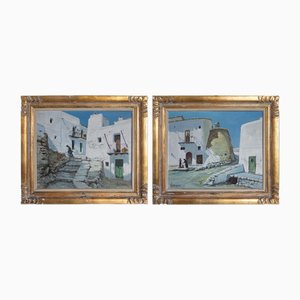 Miquel Tort Masgrau, Ibizan Village Scenes, Oil Paintings, Framed, Set of 2