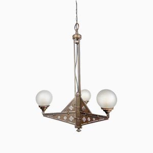 Lampadario antico in ottone della scuola olandese di Amsterdam con sfere in vetro inciso