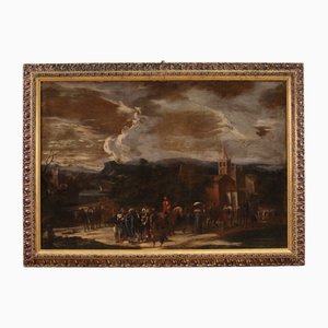 Artista italiano, Paisaje con figuras, 1740, óleo sobre lienzo, enmarcado