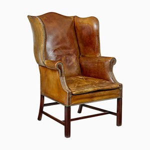 Antique Tan Leather Wing Back Armchair, 1900