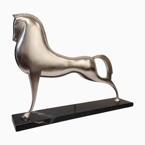 Boris Lovet-Lorski, Cavallo in stile Art Déco, anni '70, metallo argentato con base in marmo