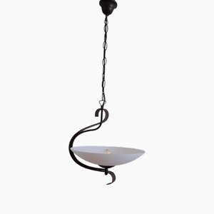 Vintage Ceiling Lamp with White Patterned Glass Shade on Metal Mount from Bilux, 1990s